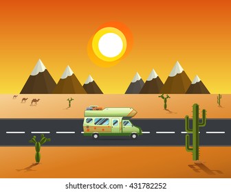 Family traveler truck driving on the road. Outdoor journey .vector illustration