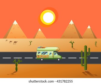 Family traveler truck driving on the road. Outdoor journey .vector illustration