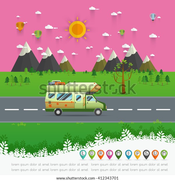 Family traveler truck driving on the road.\
Outdoor journey camping traveling vacation concept poster card.\
caravan motorhome van on countryside background landscape.\
vector\
illustration.