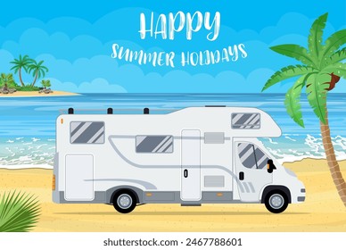 Family traveler truck on a beach with palms. Summer tourism, travel, trip and surfer. vector illustration in flat design