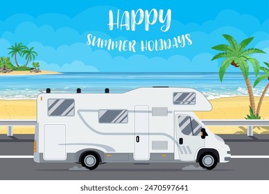 Family traveler truck on a beach with palms. Summer tourism, travel, trip and surfer. vector illustration in flat design