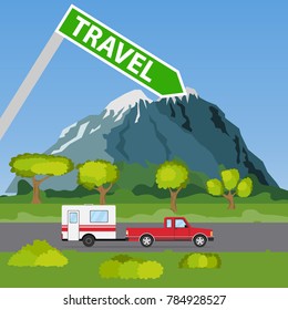 Family traveler truck summer trip concept. A pickup truck with a trailer rides along the road in the mountains and forest. Flat design, vector illustration, vector.
