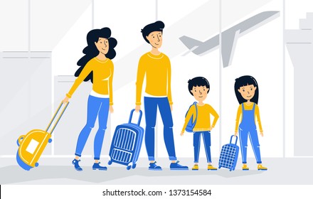 Family travelers parents and children with suitcases and bags in airport waiting room. Flying plane. Vector flat illustration