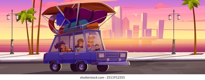 Family traveling by car on summer vacation. Vector cartoon illustration of parents, child and dog in auto with baggage on top driving highway, modern cityscape, palm trees, birds flying in pink sky