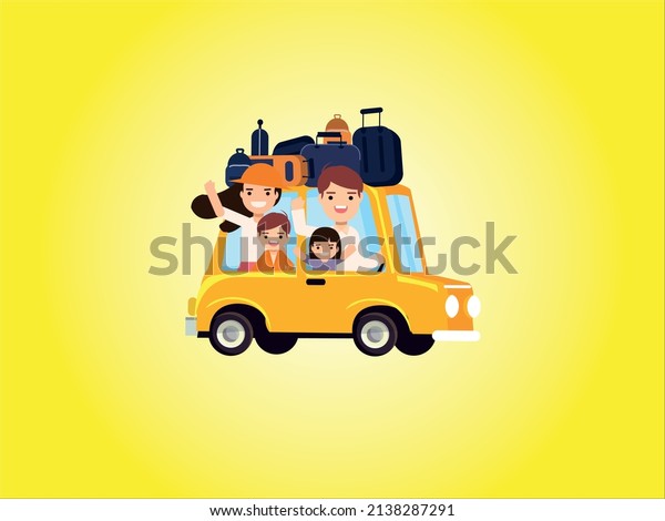 family traveling\
by car, on a yellow\
background