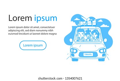 Family traveling by car outline cartoon vector illustration