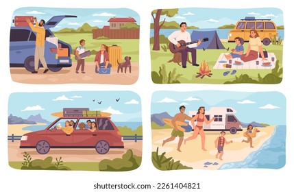 Familienreisen mit dem Auto zum Strand, Campingplatz und mit Straßenfahrt Spaß, Cartoon-Set. Mama und Papa auf dem Wasser, sitzen im Zelt und picknicken mit Liedern. Vektorgrafik im Flachstil