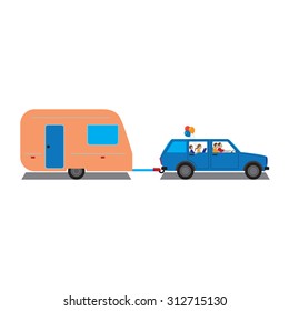 Family traveling by car with trailer. Family summer vacation, tourism and journey. Vector illustration. Elements for design.