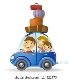 Family traveling in car, isolated on white background