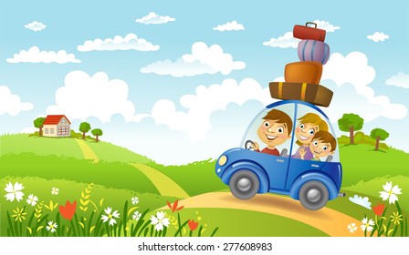 Family traveling in the car to a lovely house, vector illustration