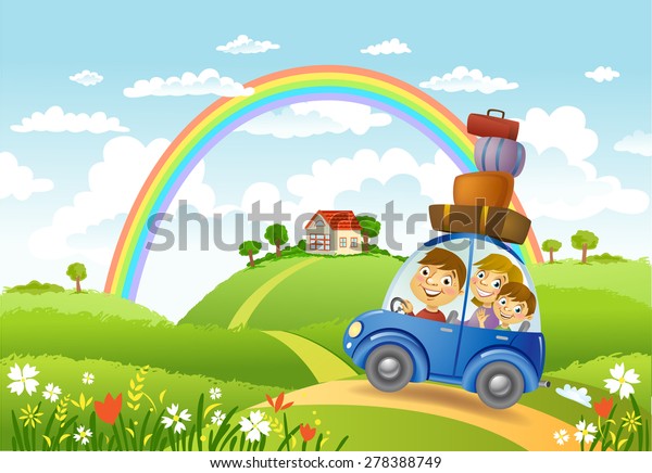 Family traveling in the car to a lovely\
house, vector\
illustration