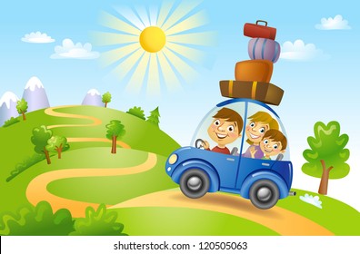 Family traveling in car, vector illustration