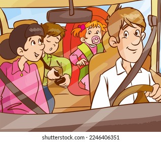 family traveling in car.family in the car cartoon vector