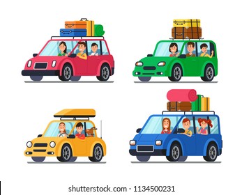 Family traveling cars. Happy people travel in car. Vacation trip with mother and funny driver father in minivan person tripping and kids luggage in auto cartoon vector isolated illustration icon set