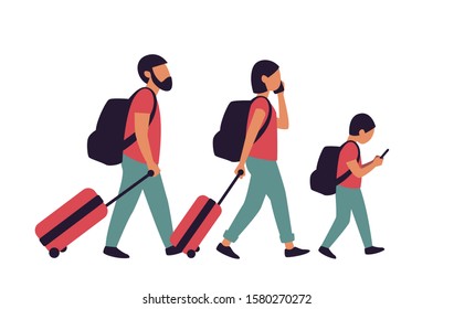 Family traveling. Man, woman and kid walking with suitcase and backpack. Colorful vector illustration isolated on white background.