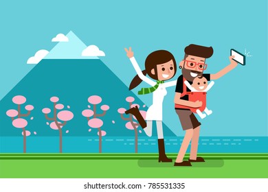 Family traveling mountain flat design cartoon, vector.