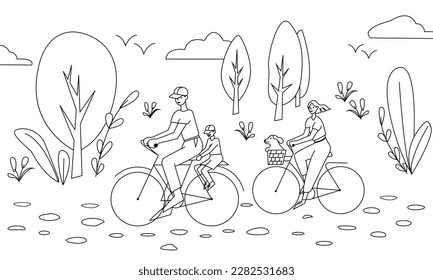 Family traveling on bike. Parents, dog and children cycling. Doodle style. Vector illustration