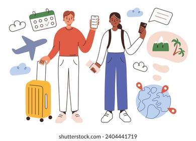 Familia viajando en avión, pareja diversa planeando un viaje a la playa, composición dibujada a mano con boletos, globo, equipaje, ilustración vectorial del hombre y la mujer de dibujos animados que tienen vacaciones, usando la aplicación de viajes