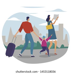 Family traveling. Parents with son walking in the city. Isometric vector illustration.