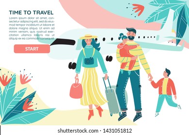 Family traveling together with luggage and plane on the backdrop. Mother, father and children go on vacation on vector colorful banner. Parents with children have fun together.