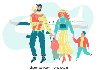 Family traveling together with luggage and plane on the backdrop. Mother, father and children go on vacation. Parents with children have fun together.