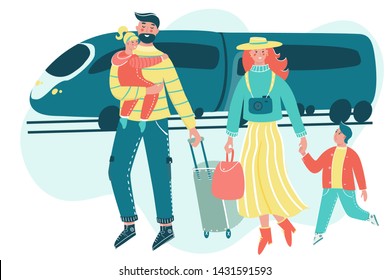 Family traveling together with luggage and train on the backdrop. Mother, father and children go on vacation. Parents with children have fun together.