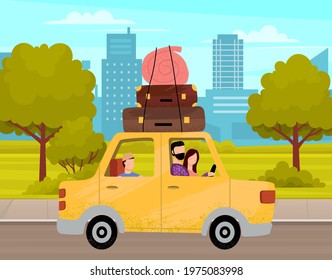 Family Traveling Together Using Car. People In Relationship Driving Along Highway And Looking At Cityscape. Man, Woman And Kid Travel Countries. Parents With Child Spend Time Abroad Together On Route