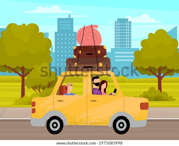 Family traveling together using car. People in\
relationship driving along highway and looking at cityscape. Man,\
woman and kid travel countries. Parents with child spend time\
abroad together on\
route