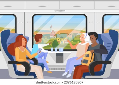 Familia viajando en el compartimento del tren. Felices pasajeros hombres y mujeres sentados en cómodos asientos en la mesa, gente mirando por la ventana, señalando el paisaje del pueblo caricatura ilustración vectorial