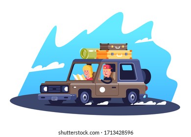 Family traveling trip by car with luggage vector illustration. Smiling woman with map flat style. Man in drivers seat. Summer vacation and leisure concept. Isolated on white background