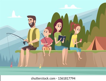 Family travellers. Couple outdoor explorers kids with parents hiking camping vector cartoon background