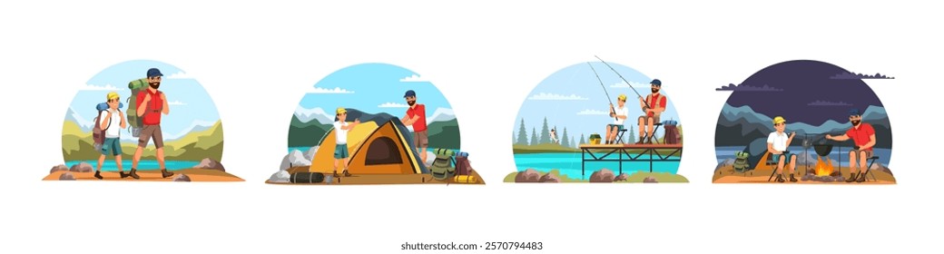 Family travelling, active vacation and hiking set. Father and son with backpacks go to mountains, fishing, camping, cooking in camp bowler at stake and spend time together. Flat vector illustrations.