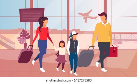 Family travelling by plane vector illustration. Parents and children, siblings carrying luggage, bags. Young parents with kids walking along airport waiting room, returning from summer vacation  
