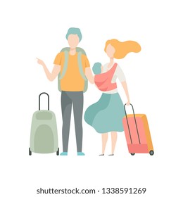 Family Travelling, Father, Mother and Baby Going on Summer Vacation with Suitcases Vector Illustration