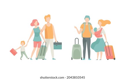 Family Travelling With Kids Pulling Suitcase Holding Child By Hand Vector Set