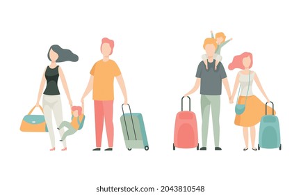 Family Travelling With Kids Pulling Suitcase Holding Child By Hand Vector Set