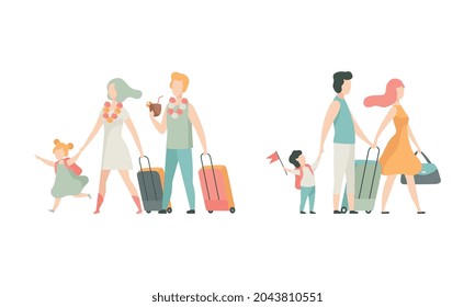 Family Travelling With Kids Pulling Suitcase Holding Child By Hand Vector Set