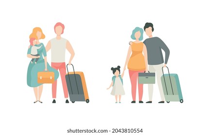 Family Travelling With Kids Pulling Suitcase Holding Child By Hand Vector Set