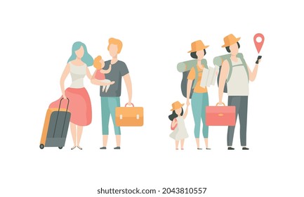 Family Travelling With Kids Pulling Suitcase Holding Child By Hand Vector Set