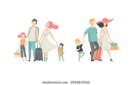 Family Travelling With Kids Pulling Suitcase Holding Child By Hand Vector Set