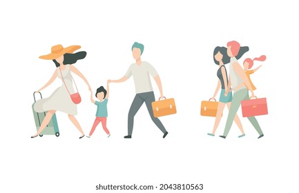 Family Travelling With Kids Pulling Suitcase Holding Child By Hand Vector Set