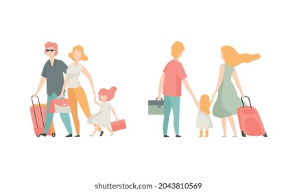 Family Travelling With Kids Pulling Suitcase Holding Child By Hand Vector Set