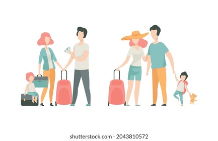 Family Travelling With Kids Pulling Suitcase Holding Child By Hand Vector Set