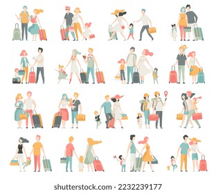 Family Travelling with Kids Pulling Suitcase Holding Child by Hand Big Vector Set