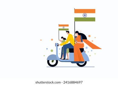 A family, travelling in a scooter, holding the Indian tricolour flag