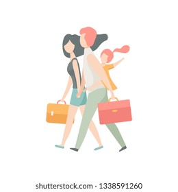 Family Travelling Together, Father, Mother and Daughter Walking with Suitcases Vector Illustration