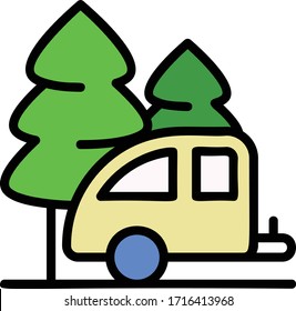 Family Travelling Van with Green Pine Tree Vector Color Icon Concept, RV Vehicle Design, Tourism and outdoor Activity symbol on white background