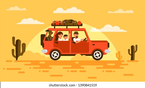 Family travels by car with a dog. SUV with passengers and luggage rides through the desert of the southern states.