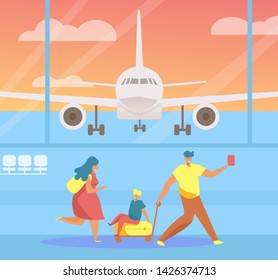 Family travels, suitcases, airport Vector. Cartoon. Isolated art 