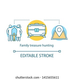 Family treasure hunting concept icon. Time together idea thin line illustration. Geocaching. Search for treasure. Searching for retrieve artifacts. Vector isolated outline drawing. Editable stroke